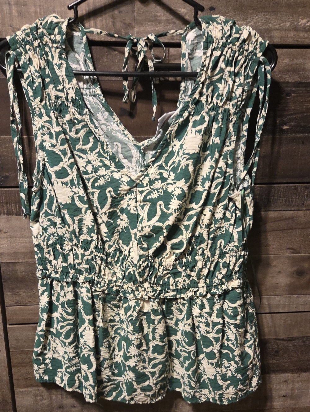 Time and Tru Green and Cream Floral V-Neck Peplum Midi Dress